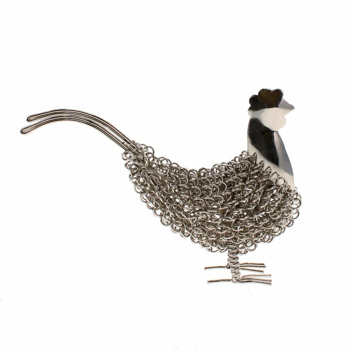 Side profile of the Wiggle Chicken ornament showing the intricate silver wire coils and nickel-plated head.