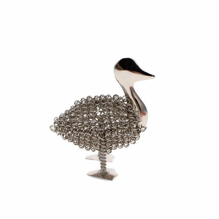 Side view of a silver nickel-plated Wiggle Duckling wire ornament against a white background.