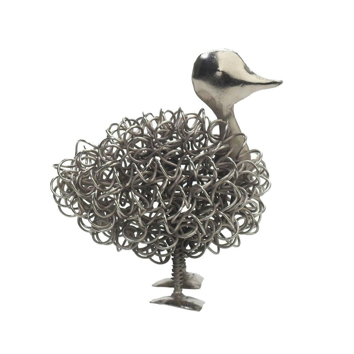 Side profile of a Wiggle Mother Duck ornament made from coiled silver wire