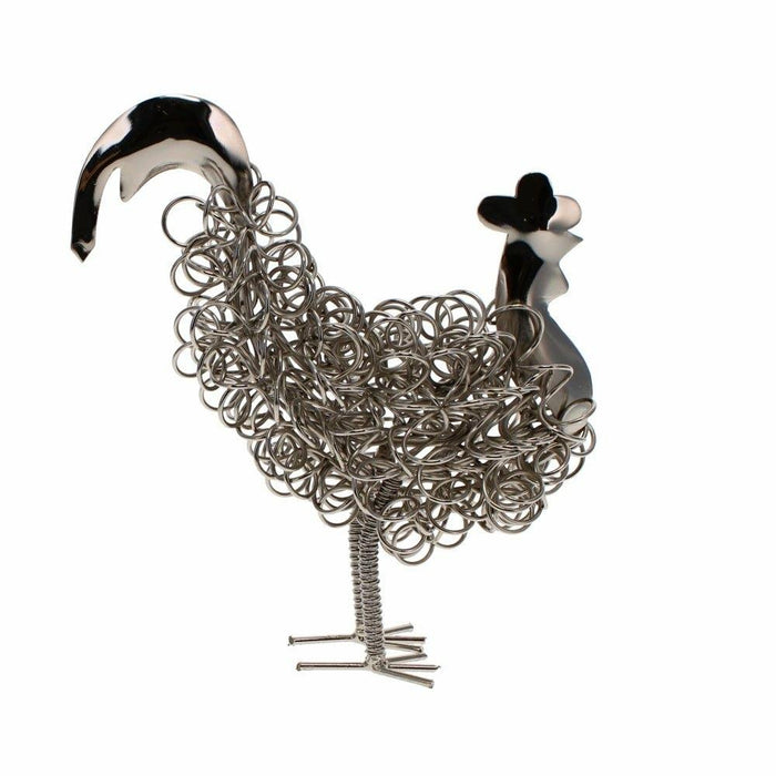 Wiggle Rooster ornament crafted from silver coiled wire on a white background